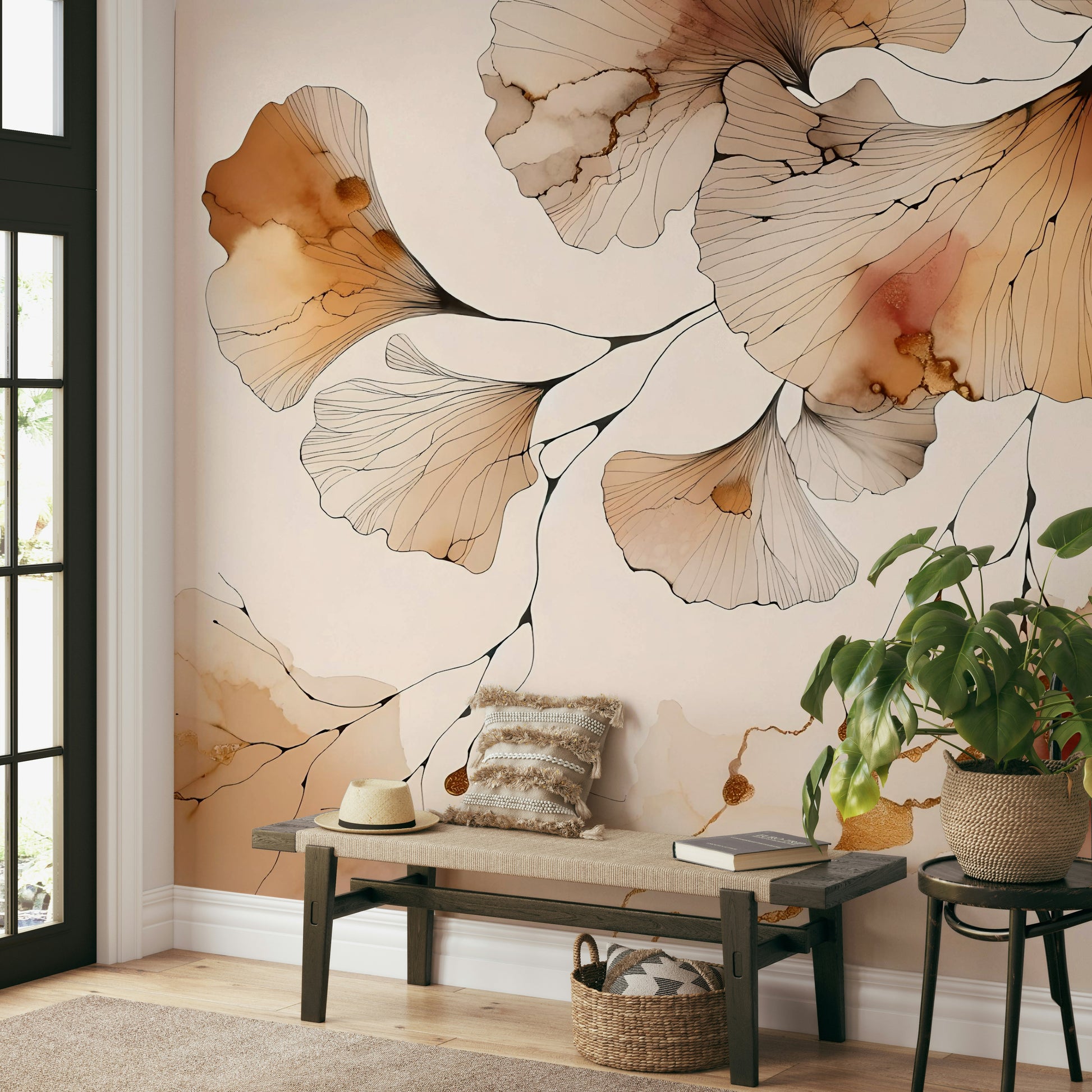 Amber-colored ginkgo leaf mural for modern interiors.

