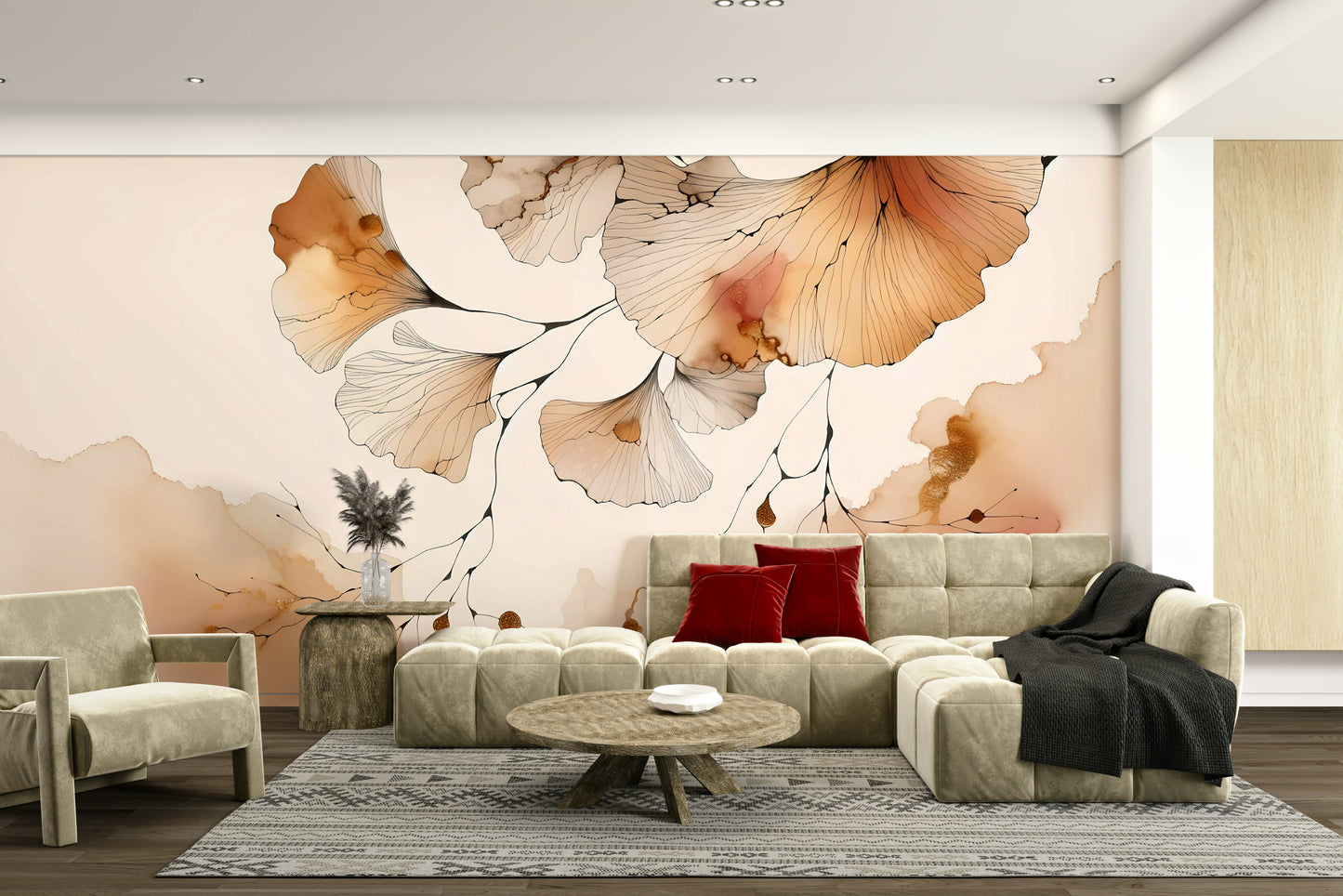 Beautiful ginkgo leaves wall mural with amber hues.

