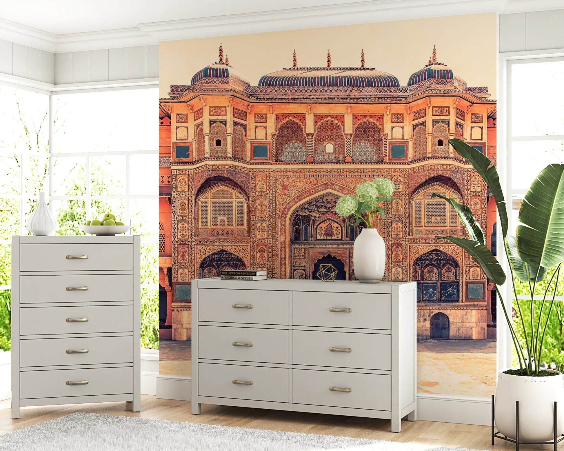 Symmetrical palace gate wallpaper for a high ceiling reception wall mural