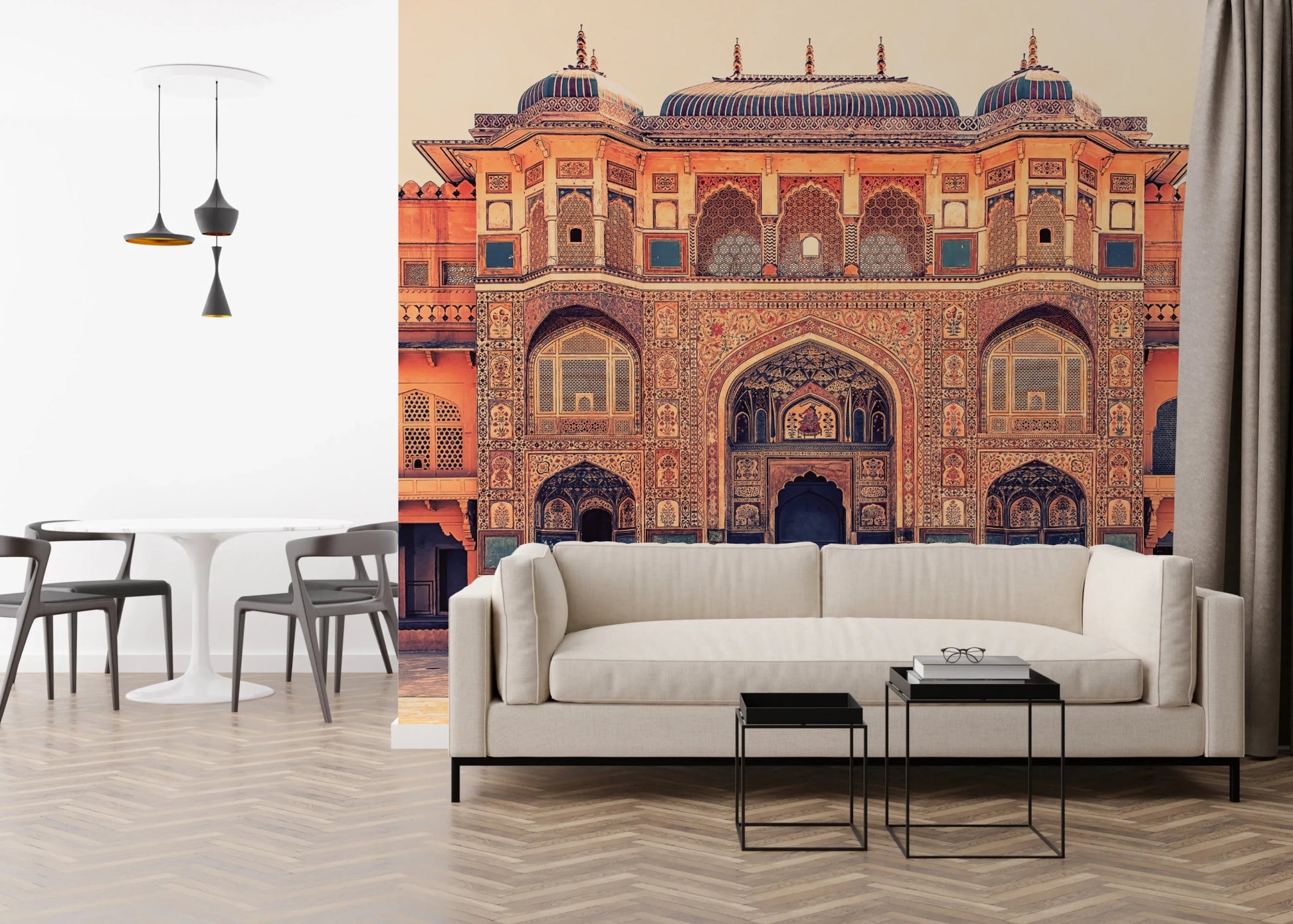 Amber Palace Grandeur Wall Mural with ornate palace facade in a living room wallpaper