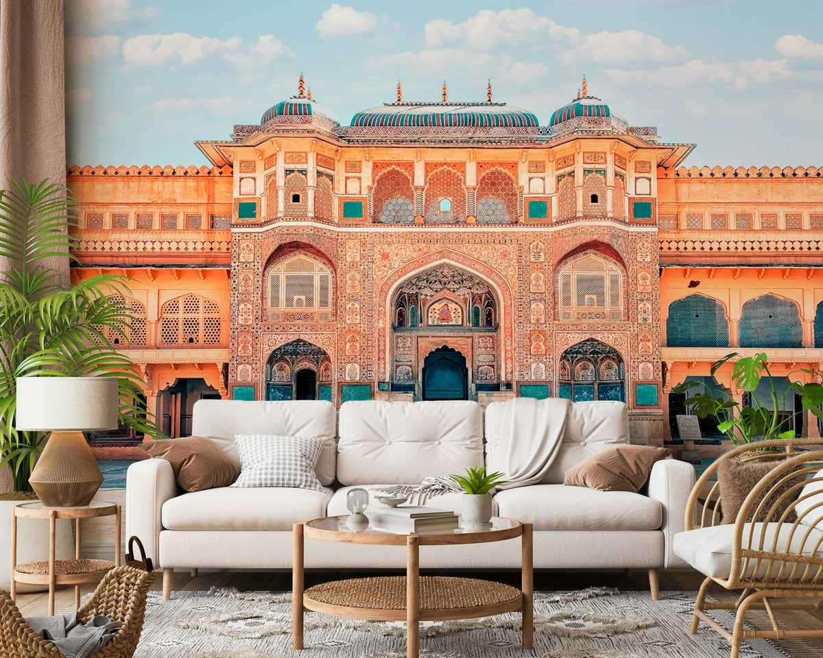 Amber Palace Majesty wall mural anchors the living room with carved royal arches, GD7366