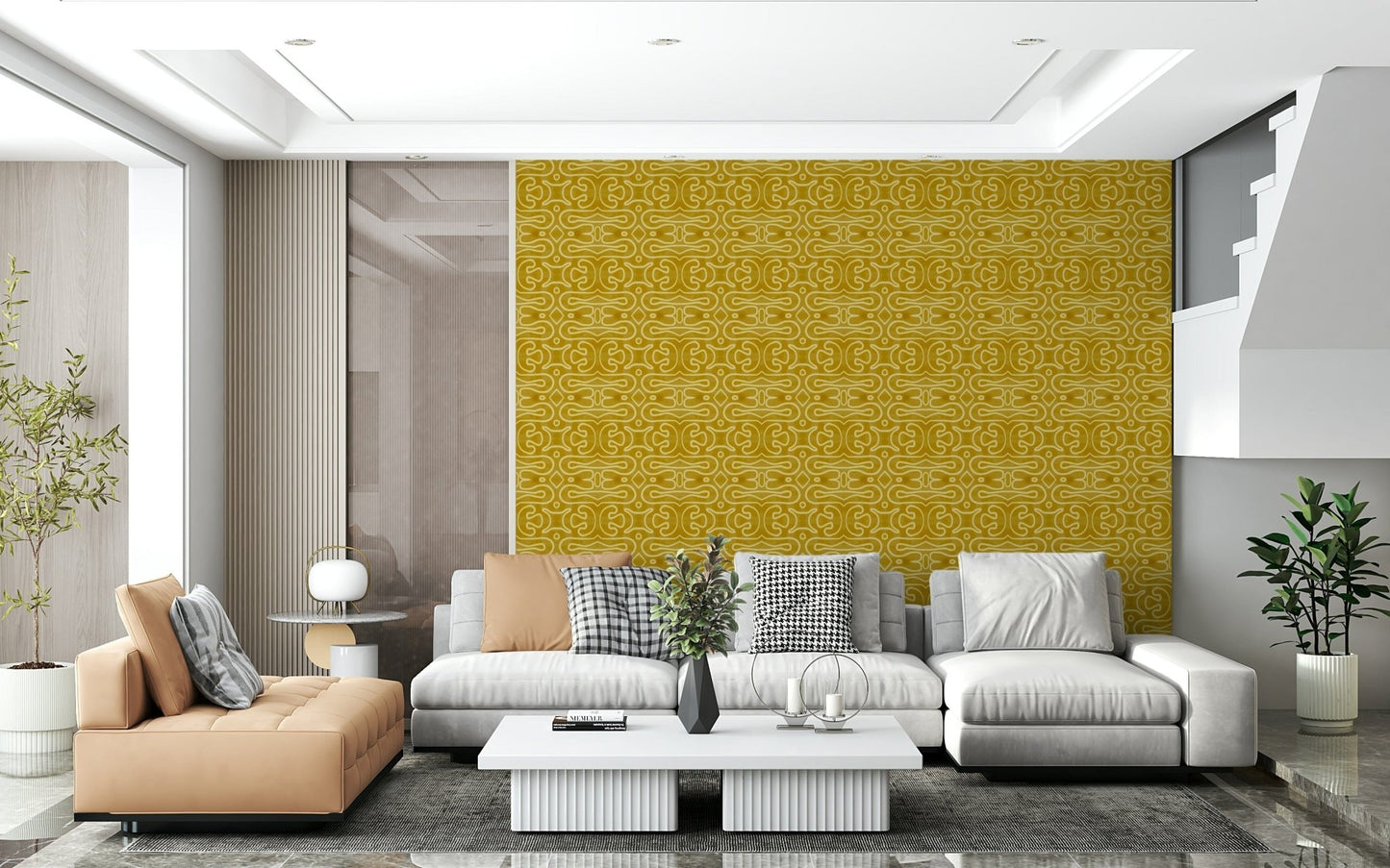 Artistic mustard tribal vibe Amber Trails wallpaper mural.