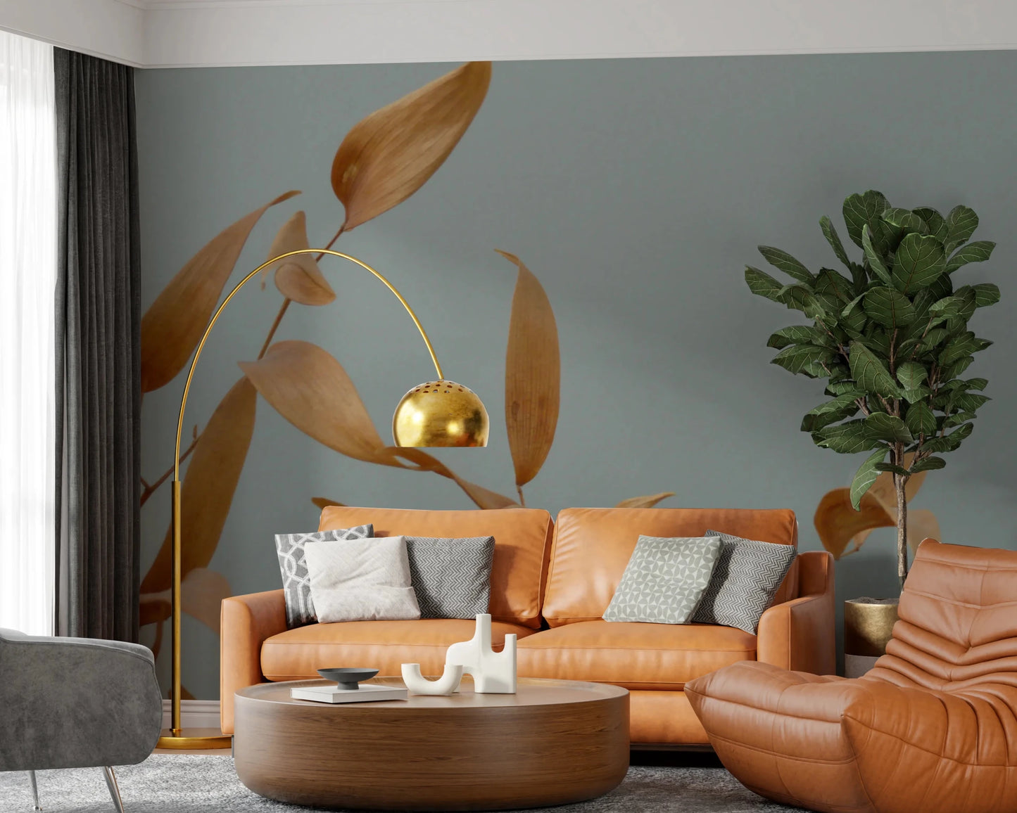 Neutral blue background wallpaper with amber leaf art.