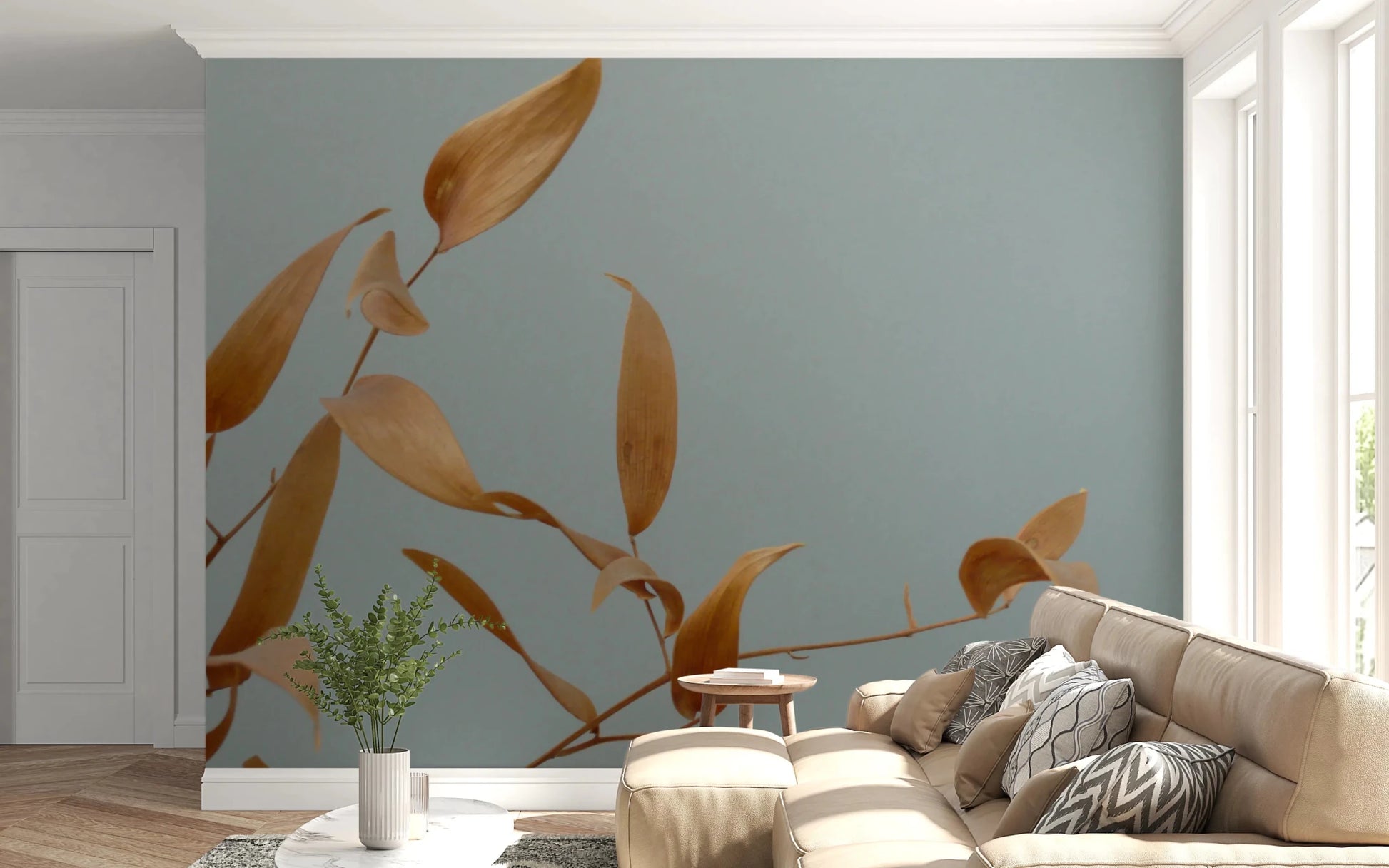 Amber Whispers Wall Mural with dried leaves for lounge.