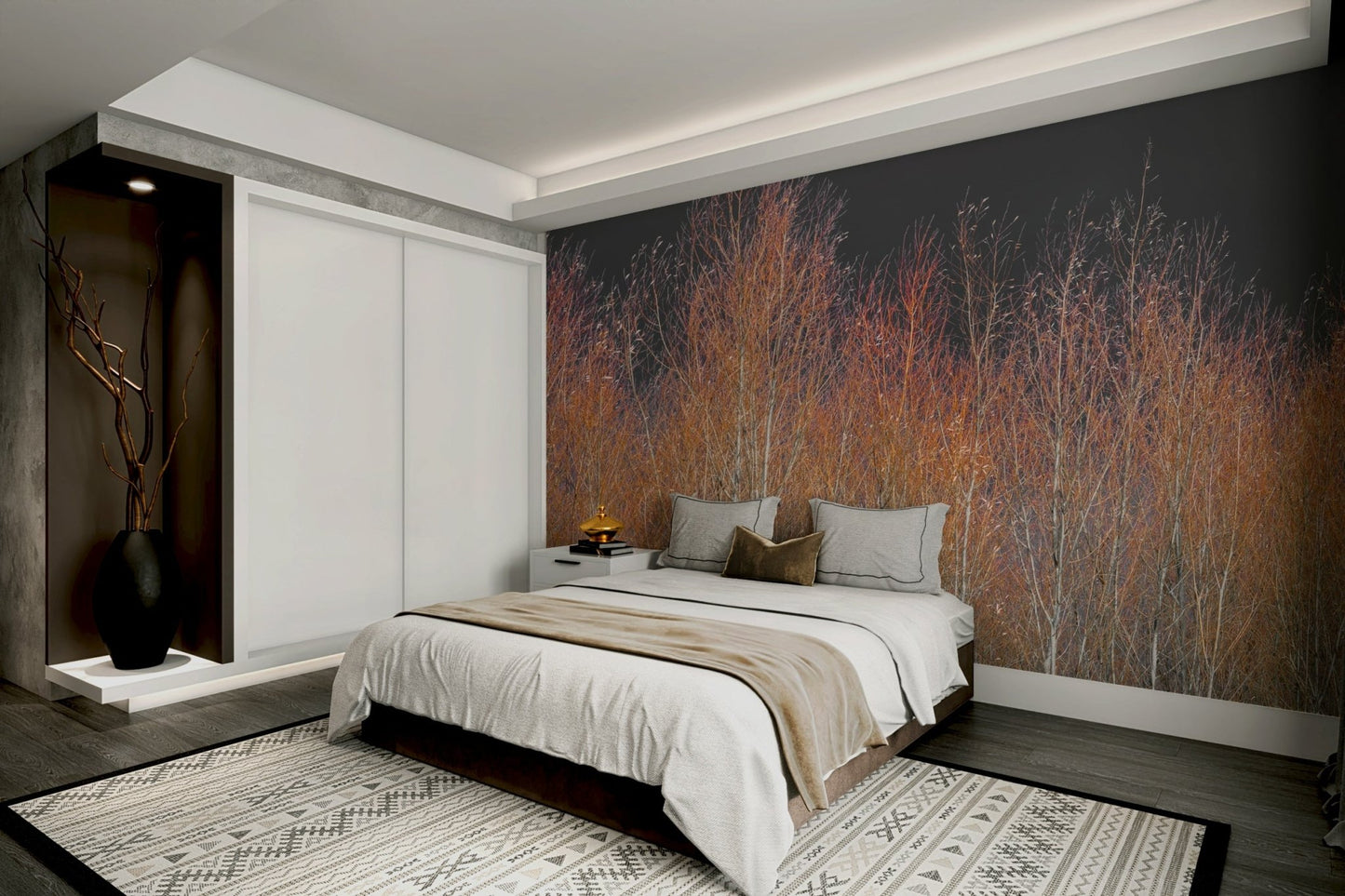 The sun is setting, casting a warm, amber glow on the trees.

