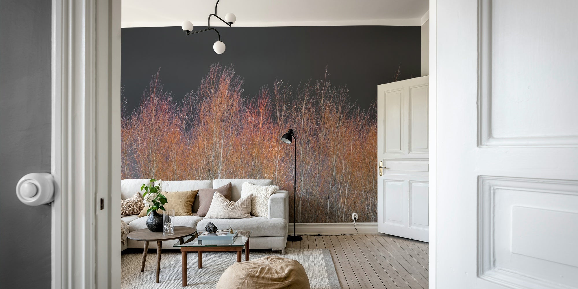 A peaceful wall mural with a forest scene at dusk. GD3837


