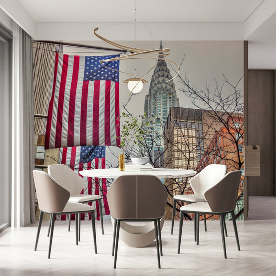 American Dreamscape wall mural showing US flags beside a chrome spire GD7406
