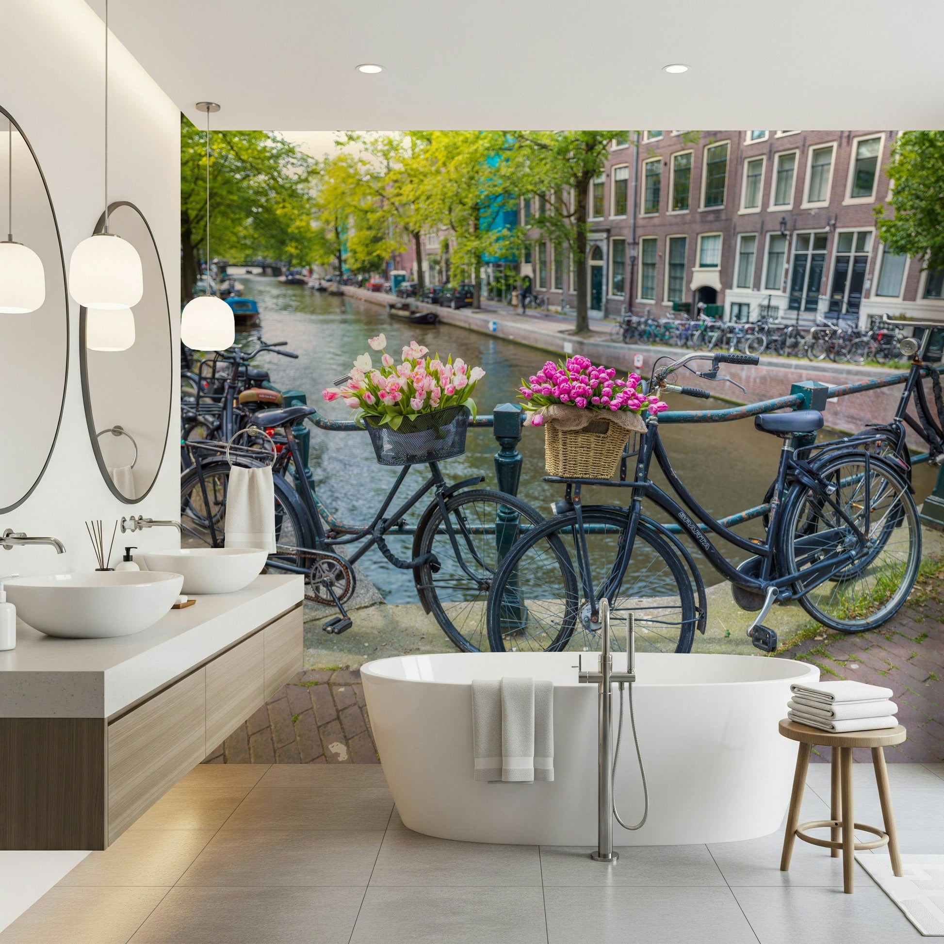 Amsterdam Blooms on Wheels Wall Mural covering a wide expanse of wall.