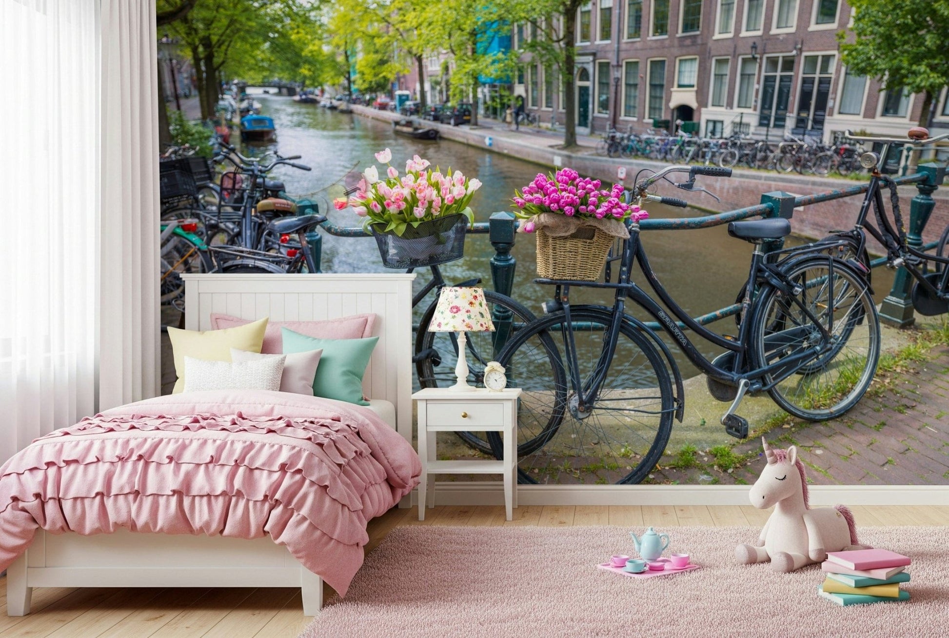 Textural look of canvas print Amsterdam Blooms on Wheels Wall Mural on a wall.