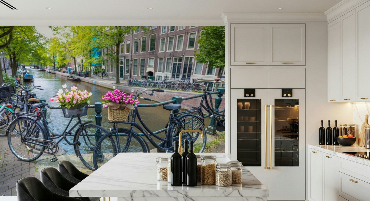 Amsterdam Blooms on Wheels Wall Mural in a creative lounge area.