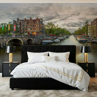 Artistic bedroom wall showcasing the Amsterdam Canal Charm Wall Mural.