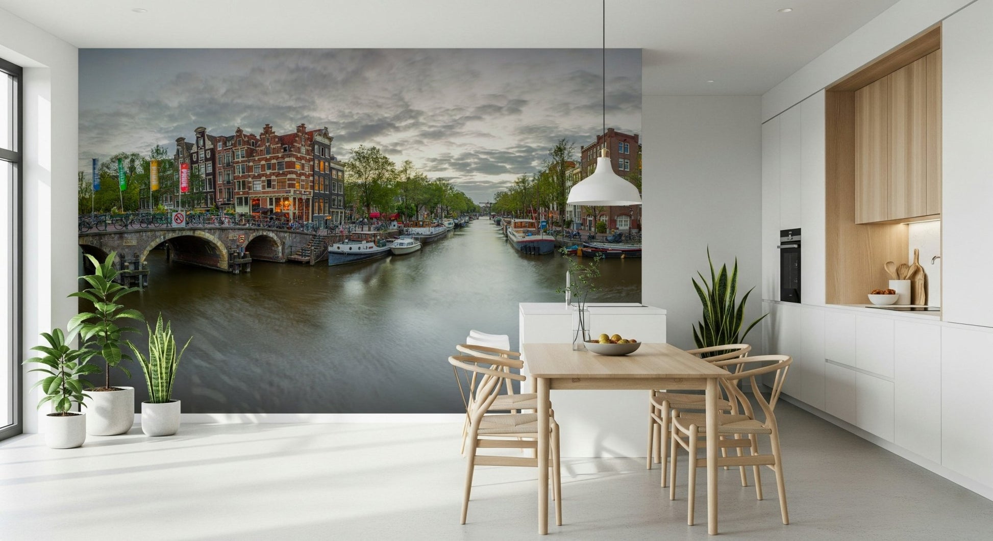 Charming kitchen backdrop featuring Amsterdam Canal Charm Wall Mural.