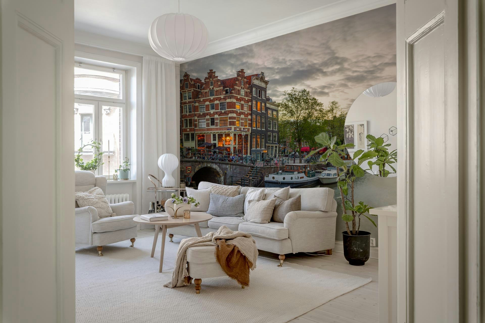 Distinctive window frames on Amsterdam Canal Charm Wall Mural design.