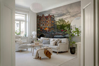 Distinctive window frames on Amsterdam Canal Charm Wall Mural design.
