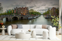 Cozy houseboats detail on Amsterdam Canal Charm Wall Mural.