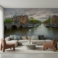 Inviting entryway using Amsterdam Canal Charm Wall Mural artistry.