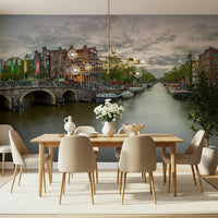 Amsterdam Canal Charm Wall Mural in an open concept living room.