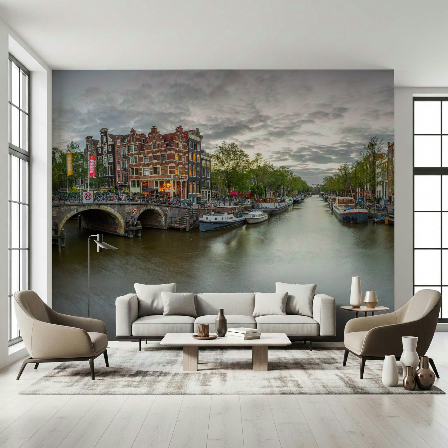 Amsterdam Canal Charm Wall Mural creating a historic dining setting.