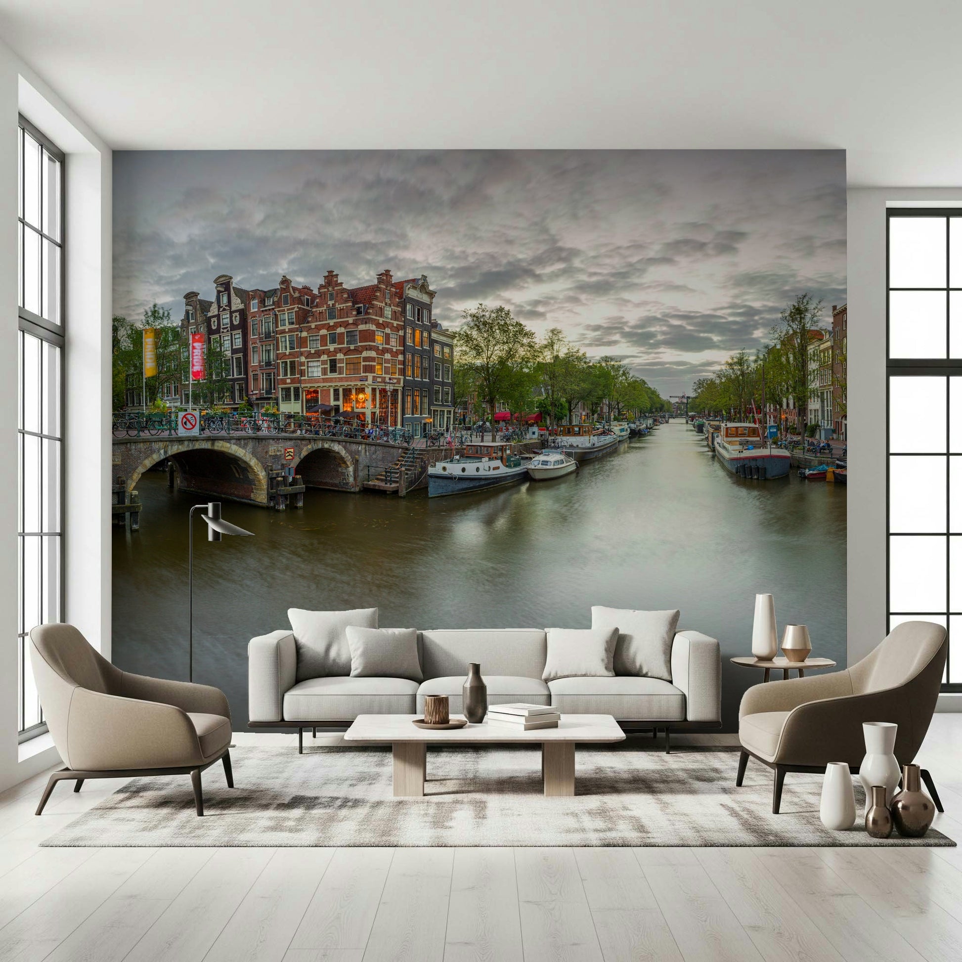 Amsterdam Canal Charm Wall Mural creating a historic dining setting.