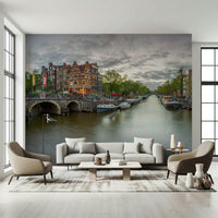 Amsterdam Canal Charm Wall Mural creating a historic dining setting.