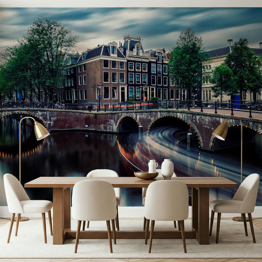 Dining space styled with Amsterdam Canal Dreams wall mural featuring bridge reflections