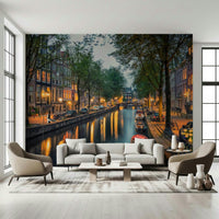 In this living room, Amsterdam Canal Lights Wall Mural adds tree-lined canal depth and light