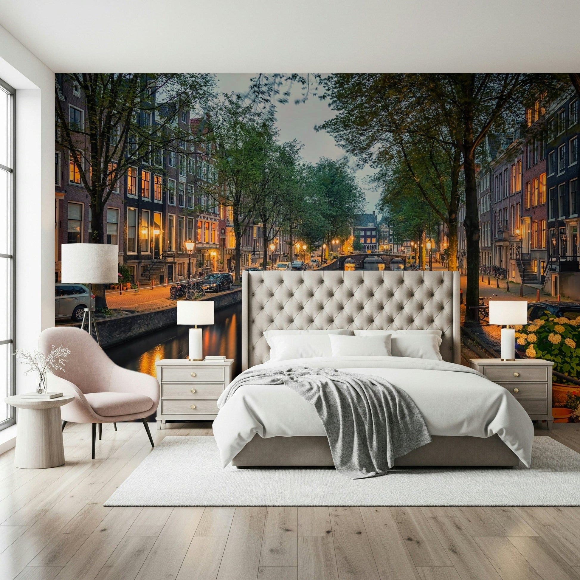 Amsterdam Canal Lights Wall Mural brings quiet canal charm into this bright bedroom setting
