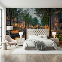 Amsterdam Canal Lights Wall Mural brings quiet canal charm into this bright bedroom setting