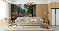 The lounge feels richer with Amsterdam Canal Lights Wall Mural and illuminated canal houses