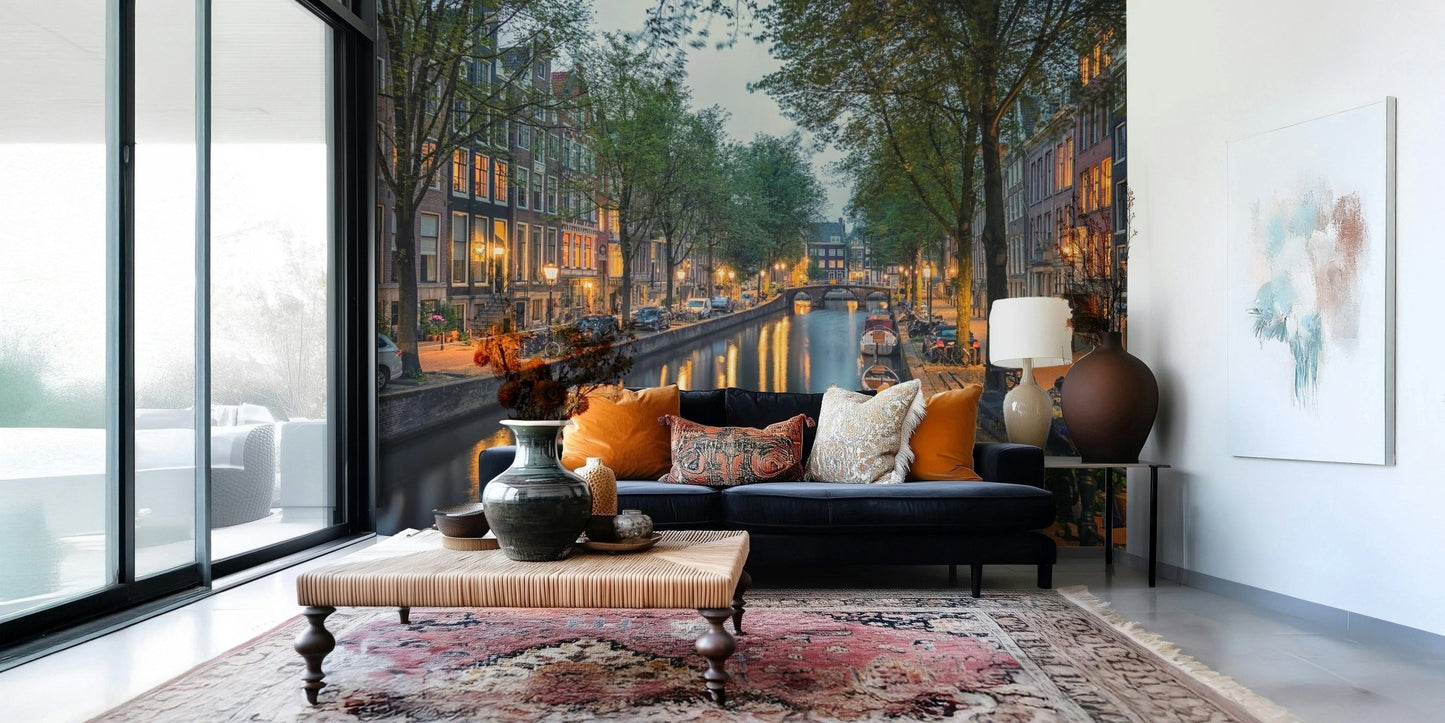 Amsterdam Canal Lights Wall Mural gives this corner seating area a warm evening-city mood