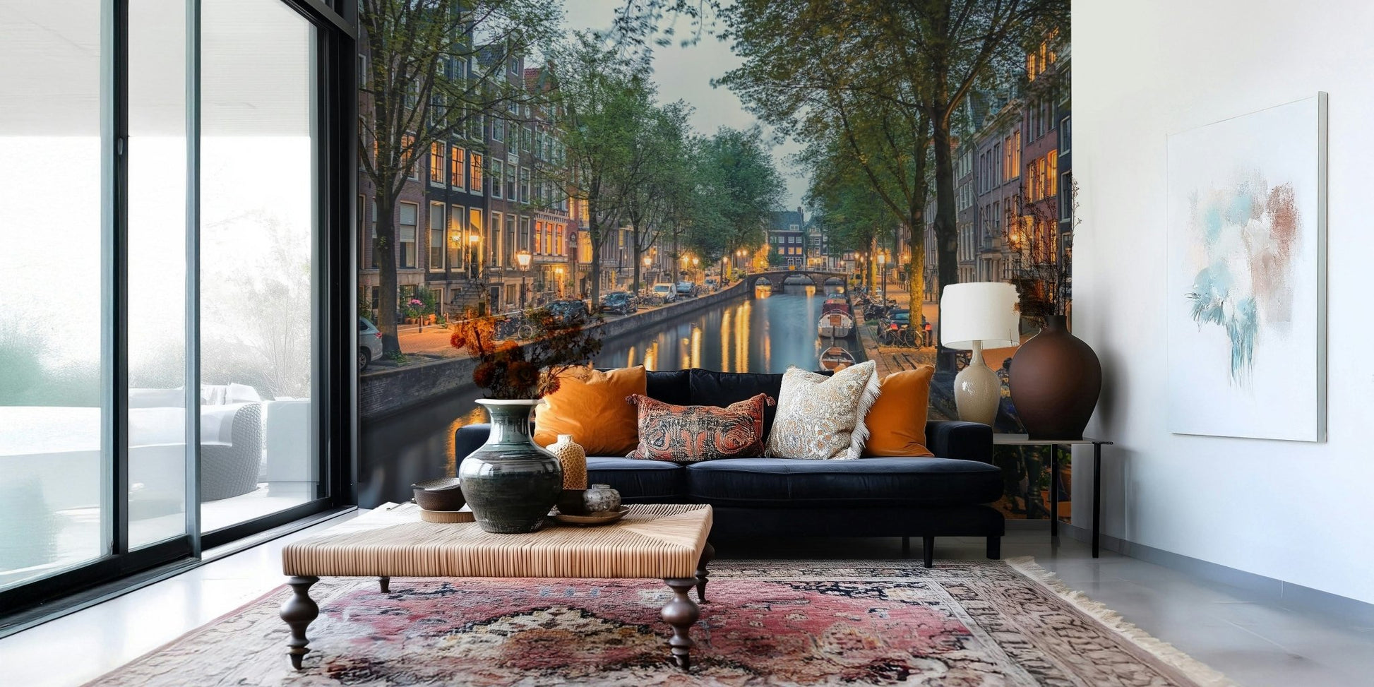 Amsterdam Canal Lights Wall Mural gives this corner seating area a warm evening-city mood