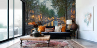 Amsterdam Canal Lights Wall Mural gives this corner seating area a warm evening-city mood