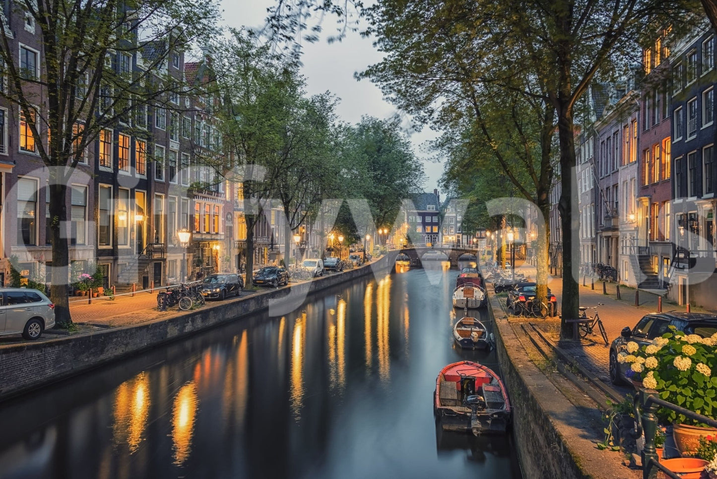 Amsterdam Canal Lights wall mural with glowing canal reflections and tree-lined streets
