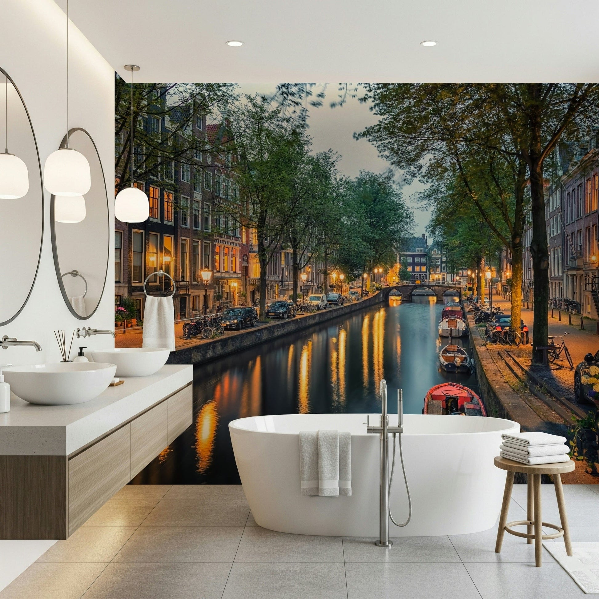 This bathroom feels more serene with Amsterdam Canal Lights Wall Mural and dusk reflections