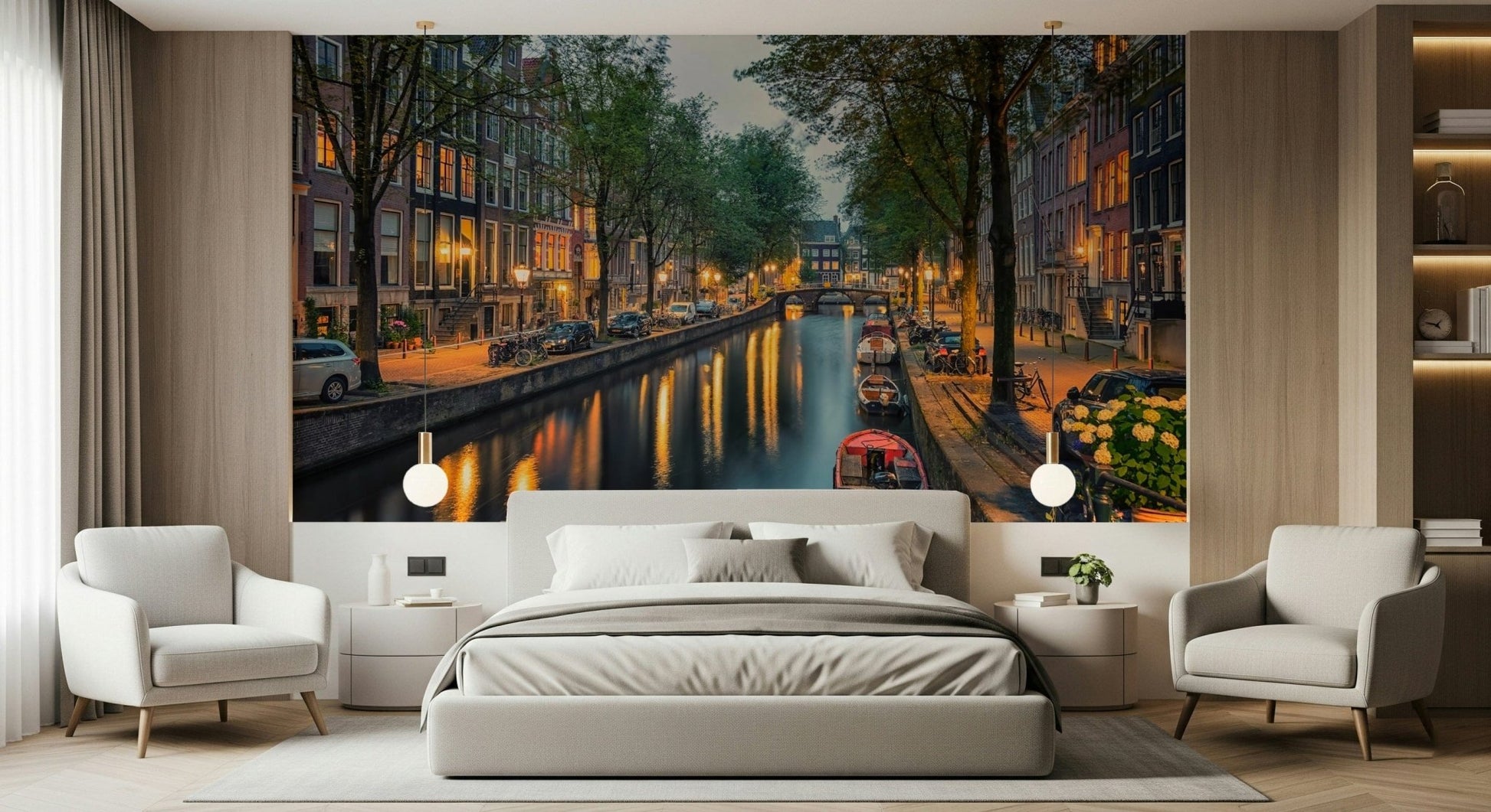 A restful Living room paired with Amsterdam Canal Lights Wall Mural and soft waterfront glow