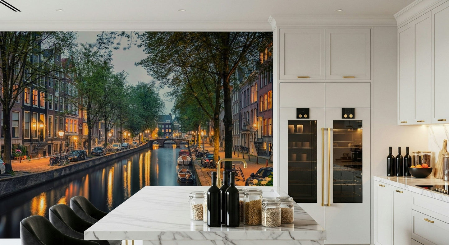 A clean kitchen corner softened by Amsterdam Canal Lights Wall Mural and glowing water lines