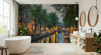 Amsterdam Canal Lights Wall Mural creates a polished canal-side backdrop for this bathing space