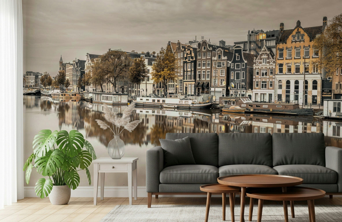 Amsterdam's Reflected Charm wall mural with historic houses and canal water.