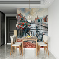 Amsterdam Canal Ride bicycle resting by urban water mural.