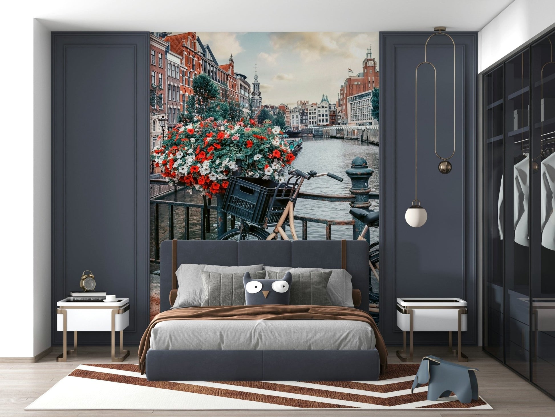 Floral basket decor on Amsterdam Canal Ride wall mural.