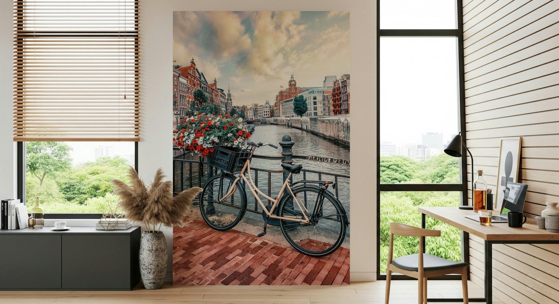 European city streetscape Amsterdam Canal Ride peel stick wallpaper.