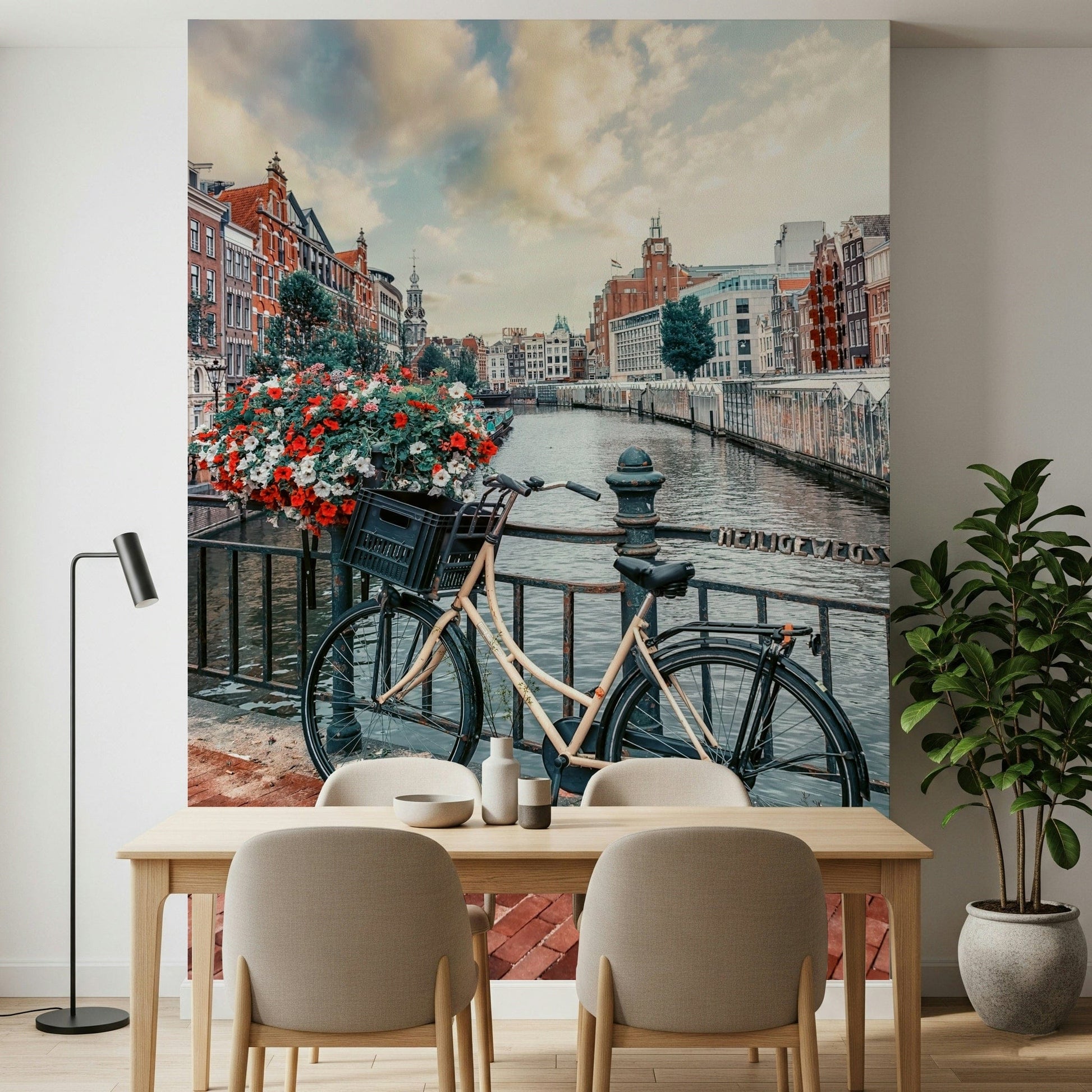 Vintage bike silhouette Amsterdam Canal Ride wallpaper for walls.