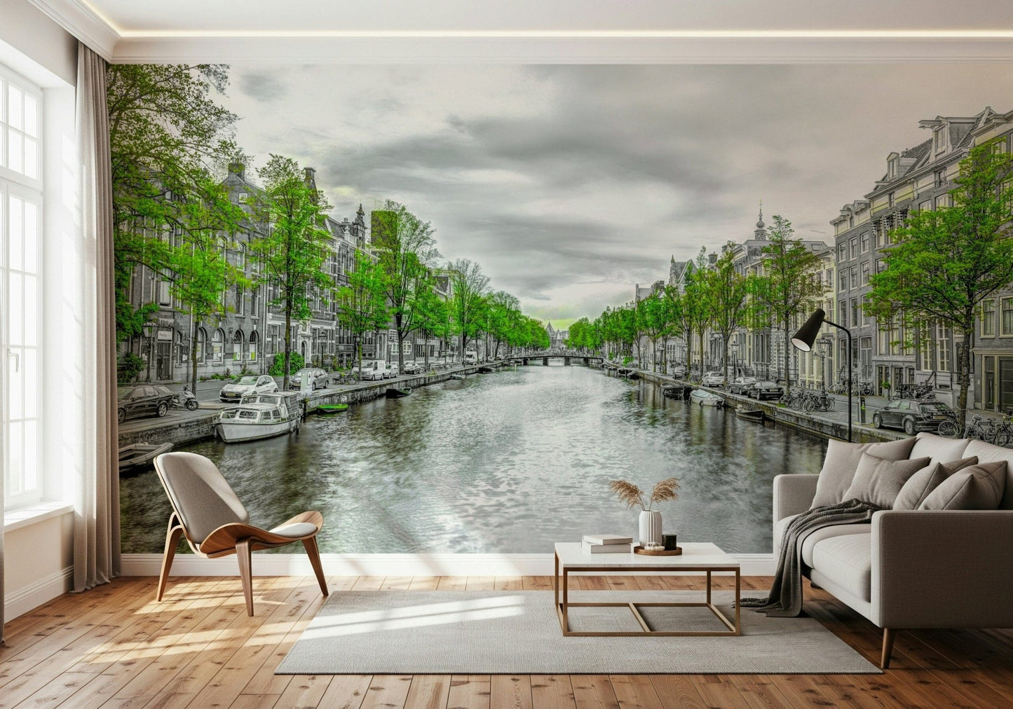 Scenic river view wallpaper with historic buildings and sky