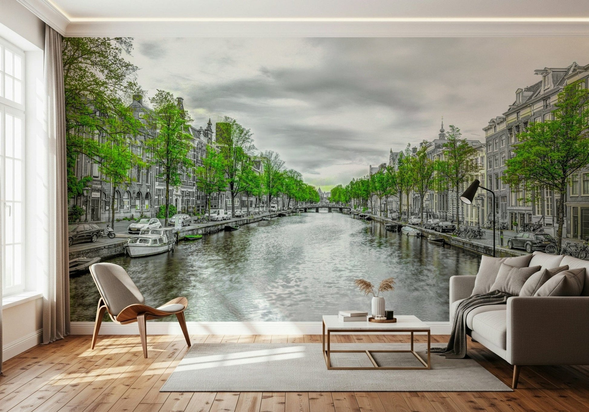 Scenic river view wallpaper with historic buildings and sky