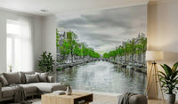 Amsterdam Canal Serenity Wall Mural in a minimalist living room