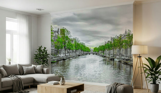 Amsterdam Canal Serenity Wall Mural in a minimalist living room, GD7797
