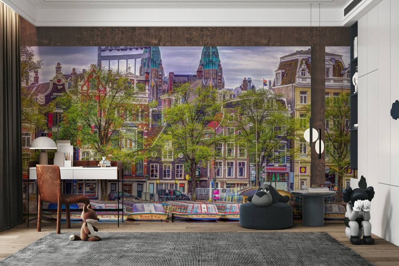 A peaceful wall mural with a view of a canal in Amsterdam.

