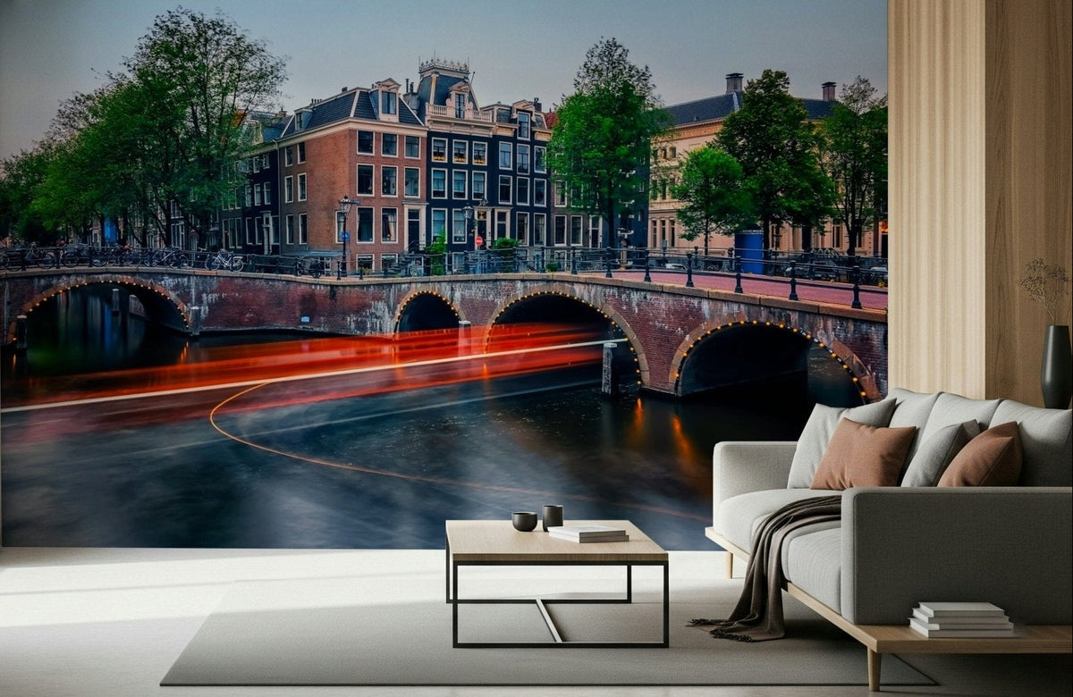 A relaxed lounge styled with Amsterdam Lights Wall Mural and glowing canal curves, GD7962