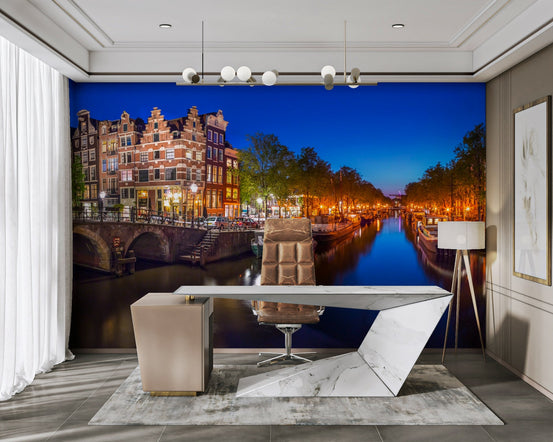Amsterdam Night Canvas wall mural showing lit canal houses under a deep blue sky GD4992
