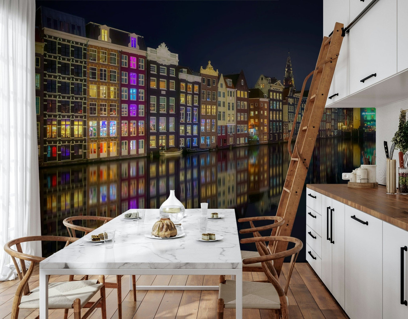 A beautiful Amsterdam canal scene wallpaper mural illuminated by warm city lights at night.